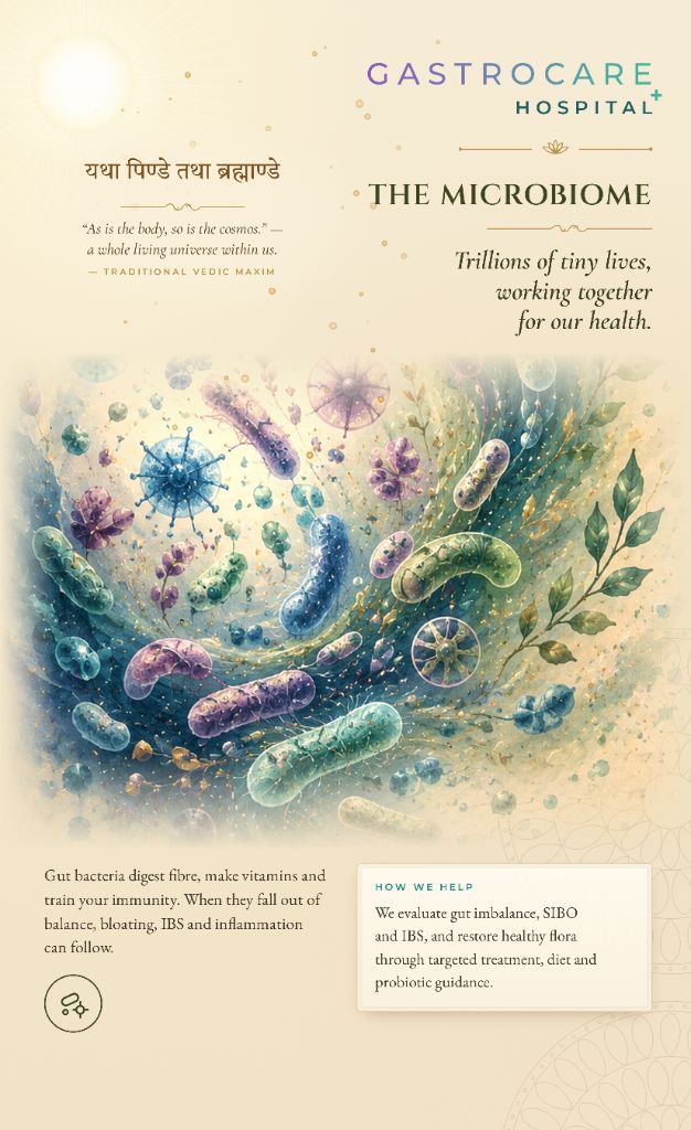 GastroCare Hospital artwork titled The Microbiome, showing gut bacteria in shades of teal, violet and green drifting through a luminous field of cells