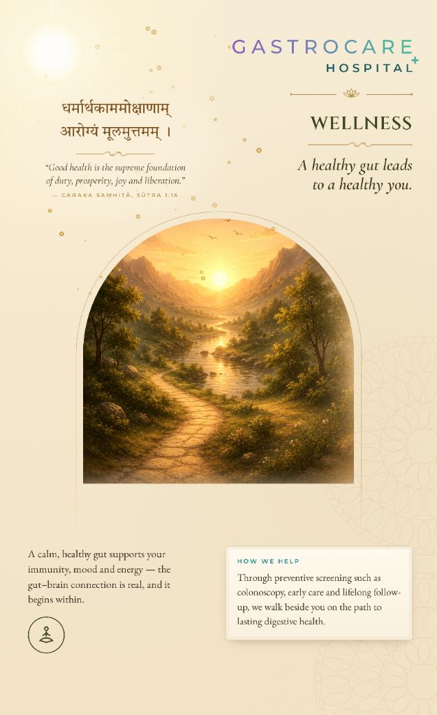 GastroCare Hospital artwork titled Wellness, showing a sunlit valley and winding path framed by a golden arch, with a lotus at the centre